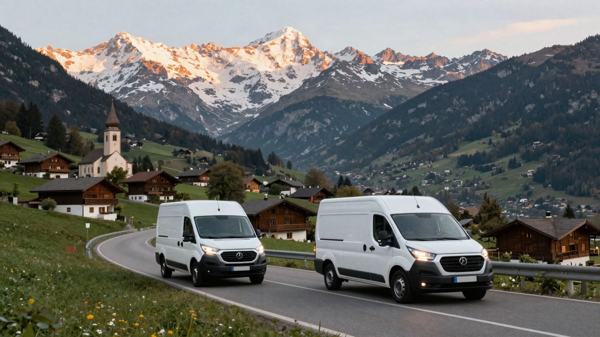 Deux fourgons de livraison sur une route de montagne au-dessus d'un village valaisan